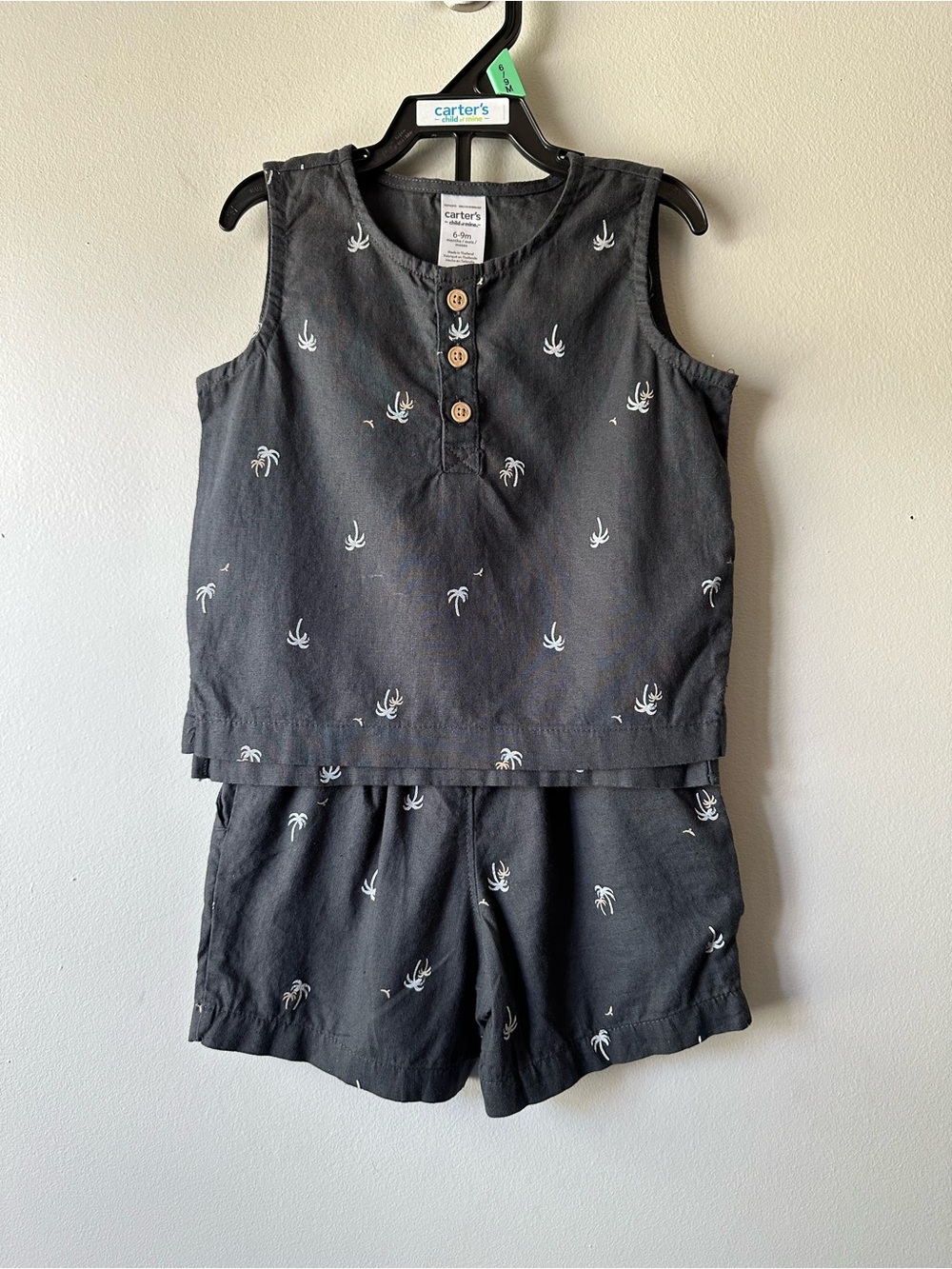 Carter's Child of Mine Charcoal Gray Palm Print Two-Piece Set Tropical 6-9 Mos